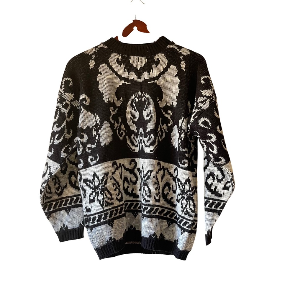 Vintage Womens Black White Damask Pattern Knit Sweater sizeβ medium